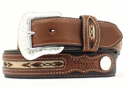 M and F Western Product N2475701 Men's Standard Belt in Black Distressed Leather with Fancy Woven Back